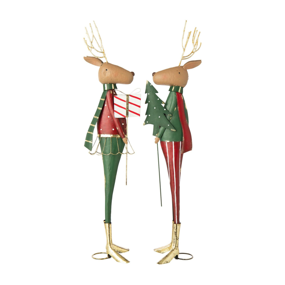 Rendier met Kerstboom en Cadeau Metaal Rood/Donkergroen Assortiment van 2 J-Line