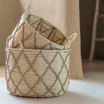 Set Van 3 Manden Met Hengsel Rond Geruit Papier Naturel/Beige J-Line