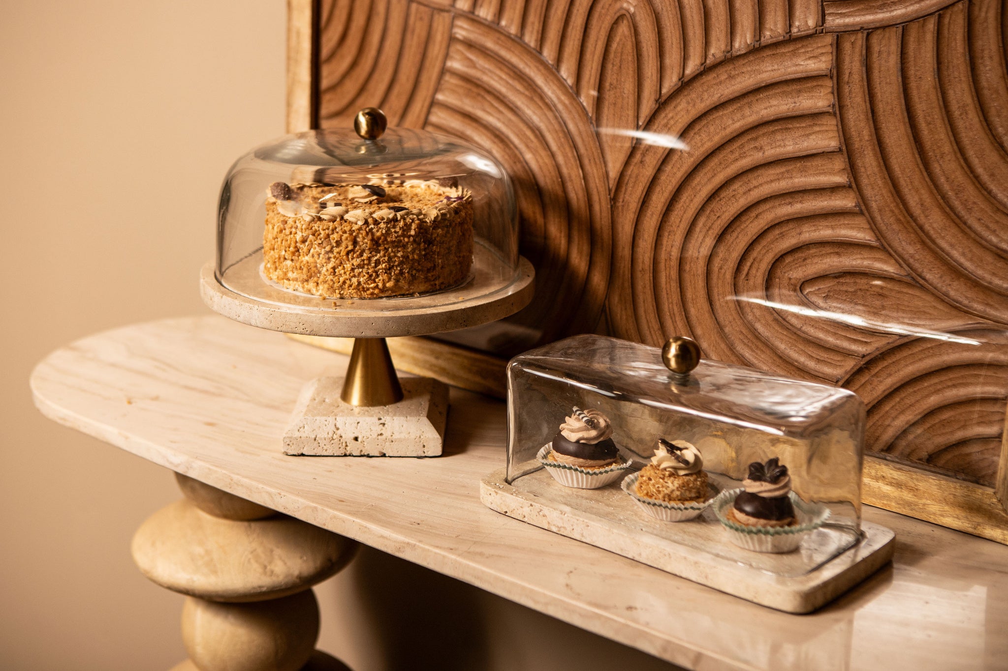 Taartplateau Lyron Naturel Travertin Rond Glas Bell Small PTMD