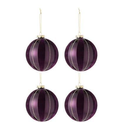 Doos Van 4 Kerstbal Lijnen Fluweel/Glas Mauve/Goud J-Line