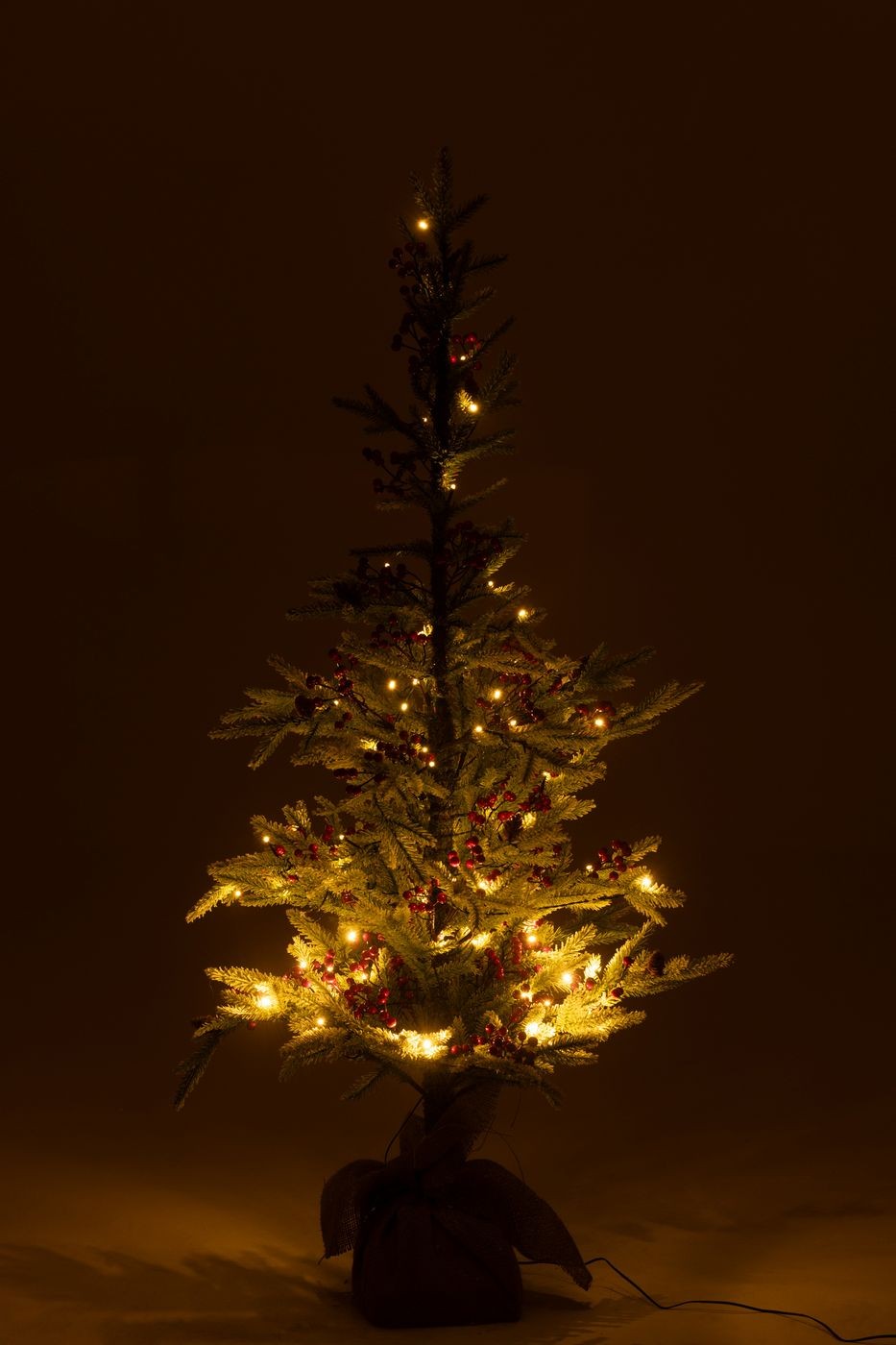 Kerstboom + Jute Zak + Led Kunststof Sneeuw Groen/Rood Small H130cm J-Line