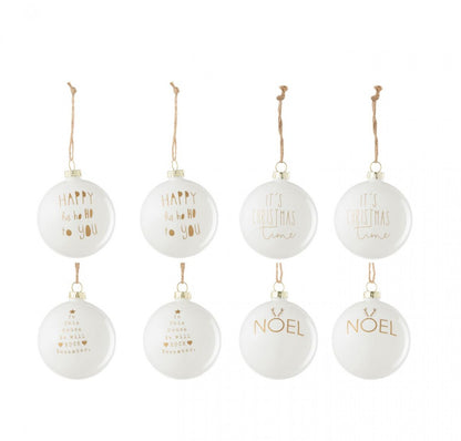 Doos Van 8 Kerstbal 2+2+2+2 Tekst Kerstmis Glas Wit/Goud J-Line