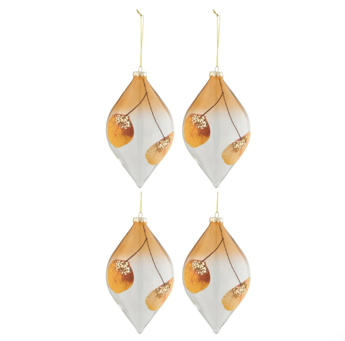 Doos Van 4 Kerstballen Druppel Gedroogd Blad Oker+Glitter Glas Transparant J-Line