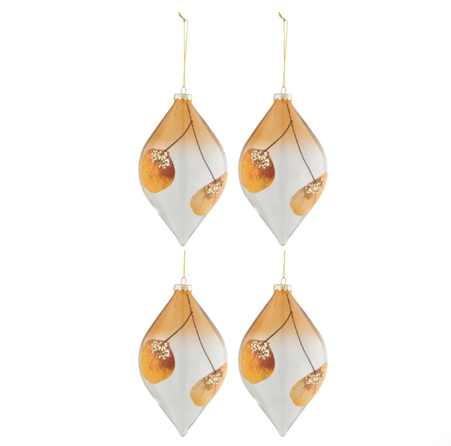 Doos Van 4 Kerstballen Druppel Gedroogd Blad Oker+Glitter Glas Transparant J-Line