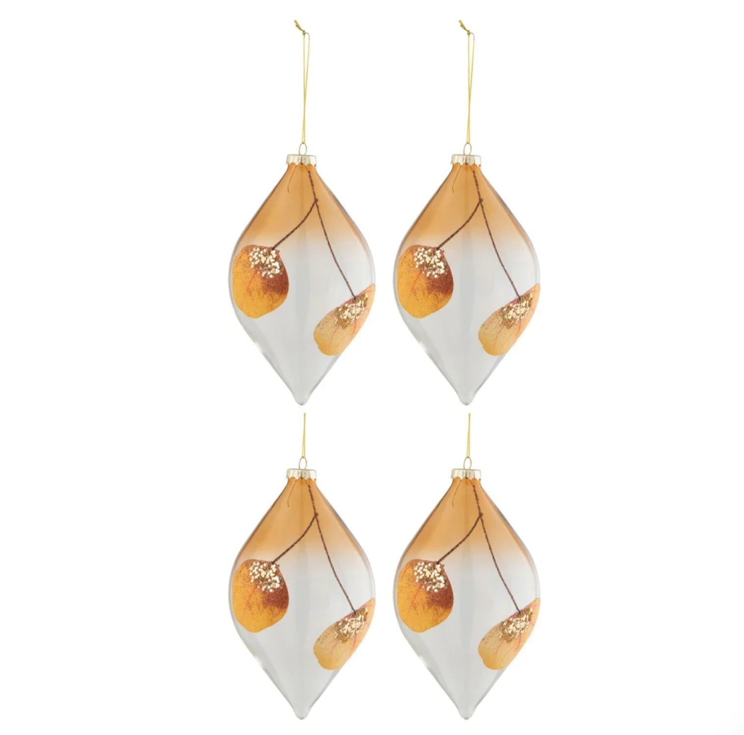 Doos Van 4 Kerstballen Druppel Gedroogd Blad Oker+Glitter Glas Transparant J-Line