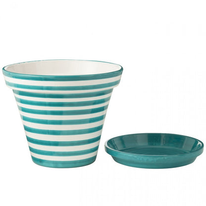 Flowerpot+Plate Granada Stripes Handmade+Painted Ceramic Aqua Extra Large J-Line