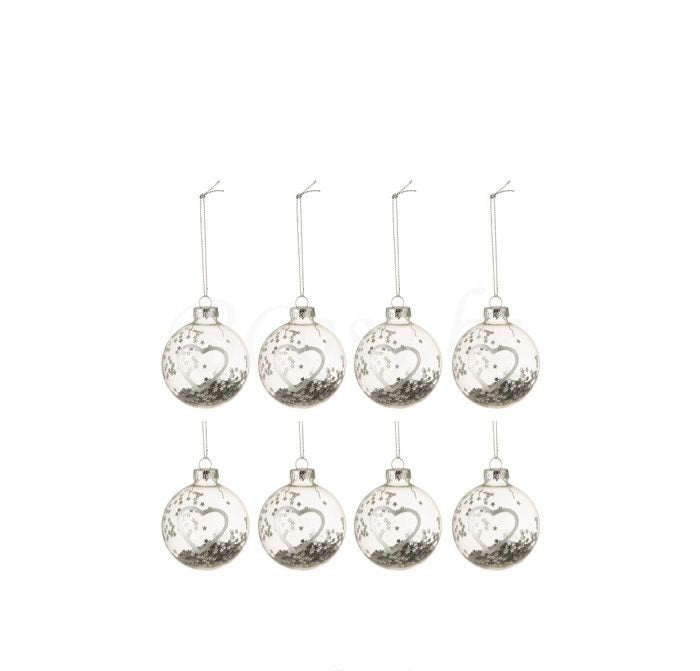 Doos Van 8 Kerstballen Hart Glas Klaar Zilver Small J-Line