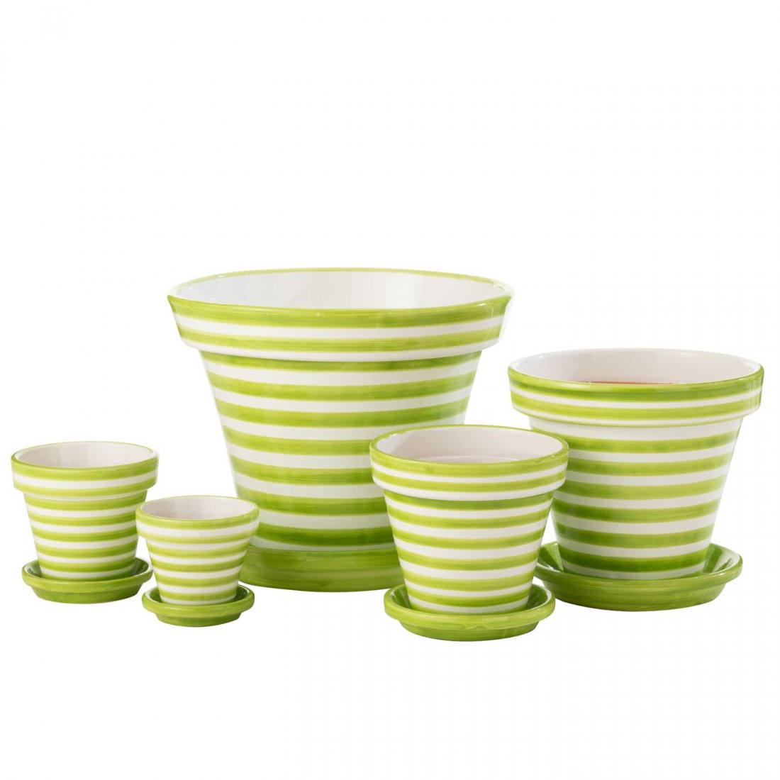 Flowerpot+Plate Granada Stripes Handmade+Painted Ceramic Green Extra Large J-Line