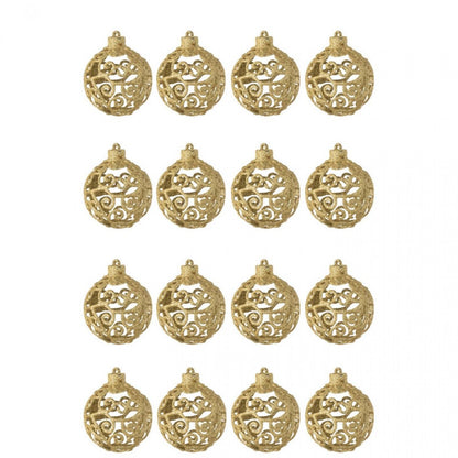 Doos Van 16 Kerstbal Barok Patroon Plastiek Goudkleurig J-Line