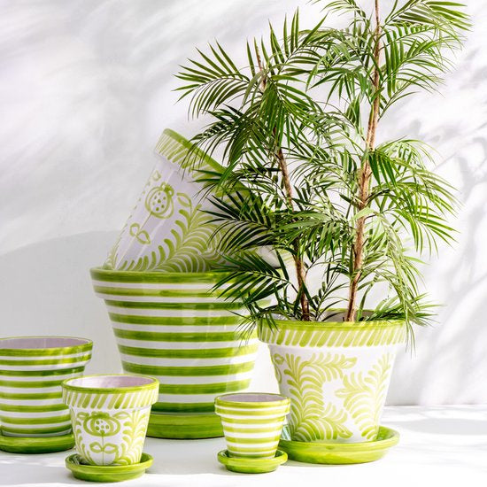 Flowerpot+Plate Granada Stripes Handmade+Painted Ceramic Green Extra Large J-Line