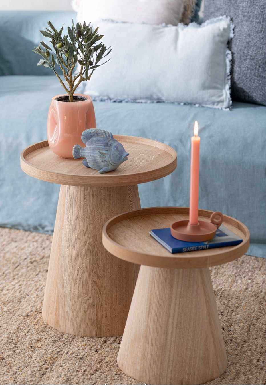 Bijzettafels Rond + Rand Hout Naturel Set van 2 J-Line