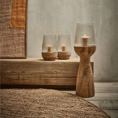 ARBRE - Windlicht/vaas - Mango hout / glas - DIA 22 x H 33 cm - Naturel Pomax