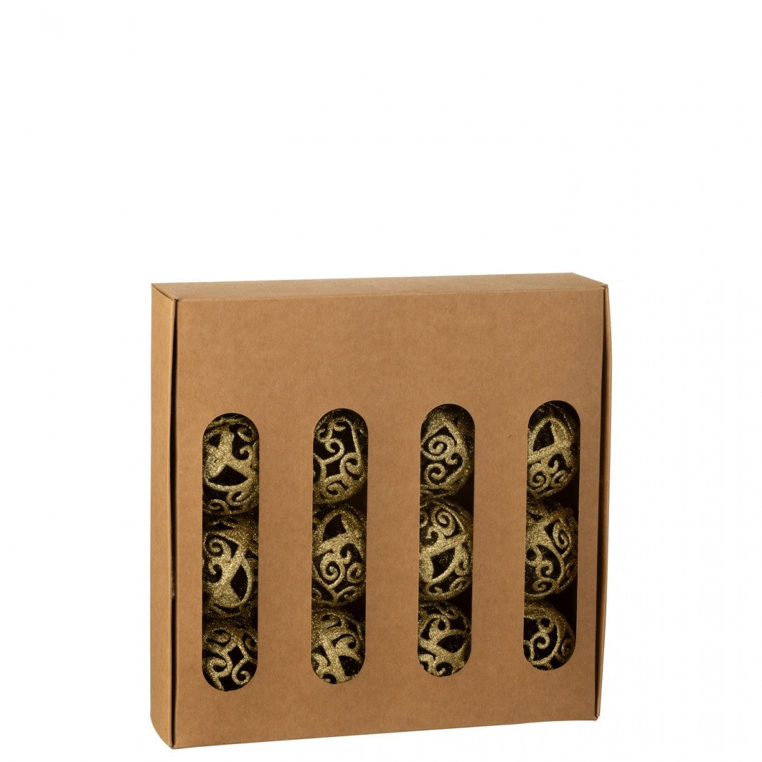 Doos Van 16 Kerstbal Barok Patroon Plastiek Goudkleurig J-Line