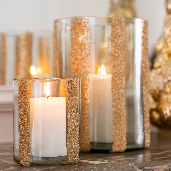 Set Van 3 Windlichten Lea Cilinder Gestreept Glas Goud J-Line