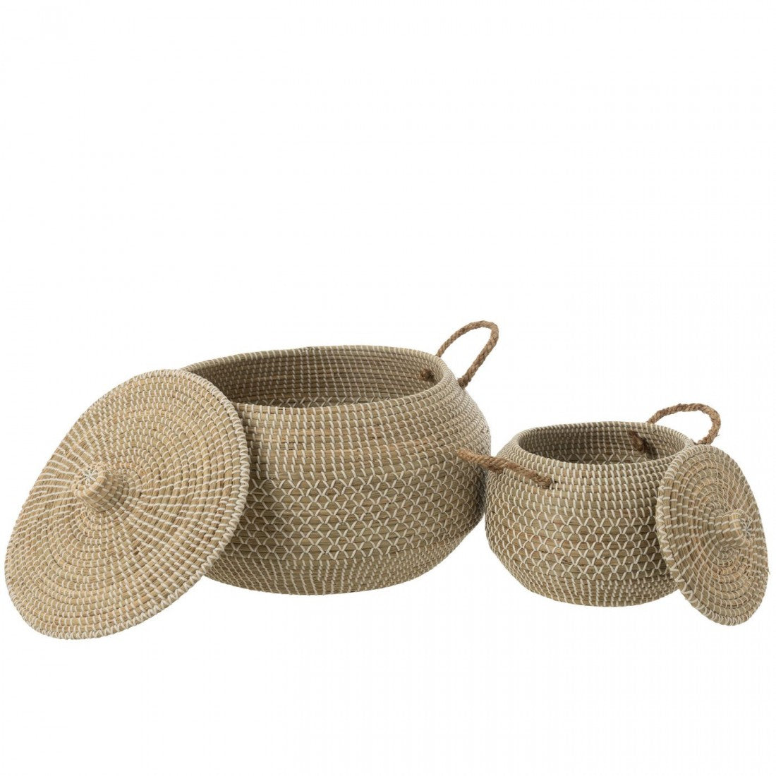 Mand Handvat + Deksel Zeegras Naturel/Wit Set van 2 J-Line