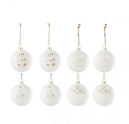 Doos Van 8 Kerstbal 2+2+2+2 Tekst Kerstmis Glas Wit/Goud J-Line