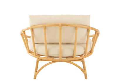 Ronde Loungestoel + Kussen Rotan/Textiel Naturel/Wit J-Line - Loungestoel - J-Line - livinglovely.nl