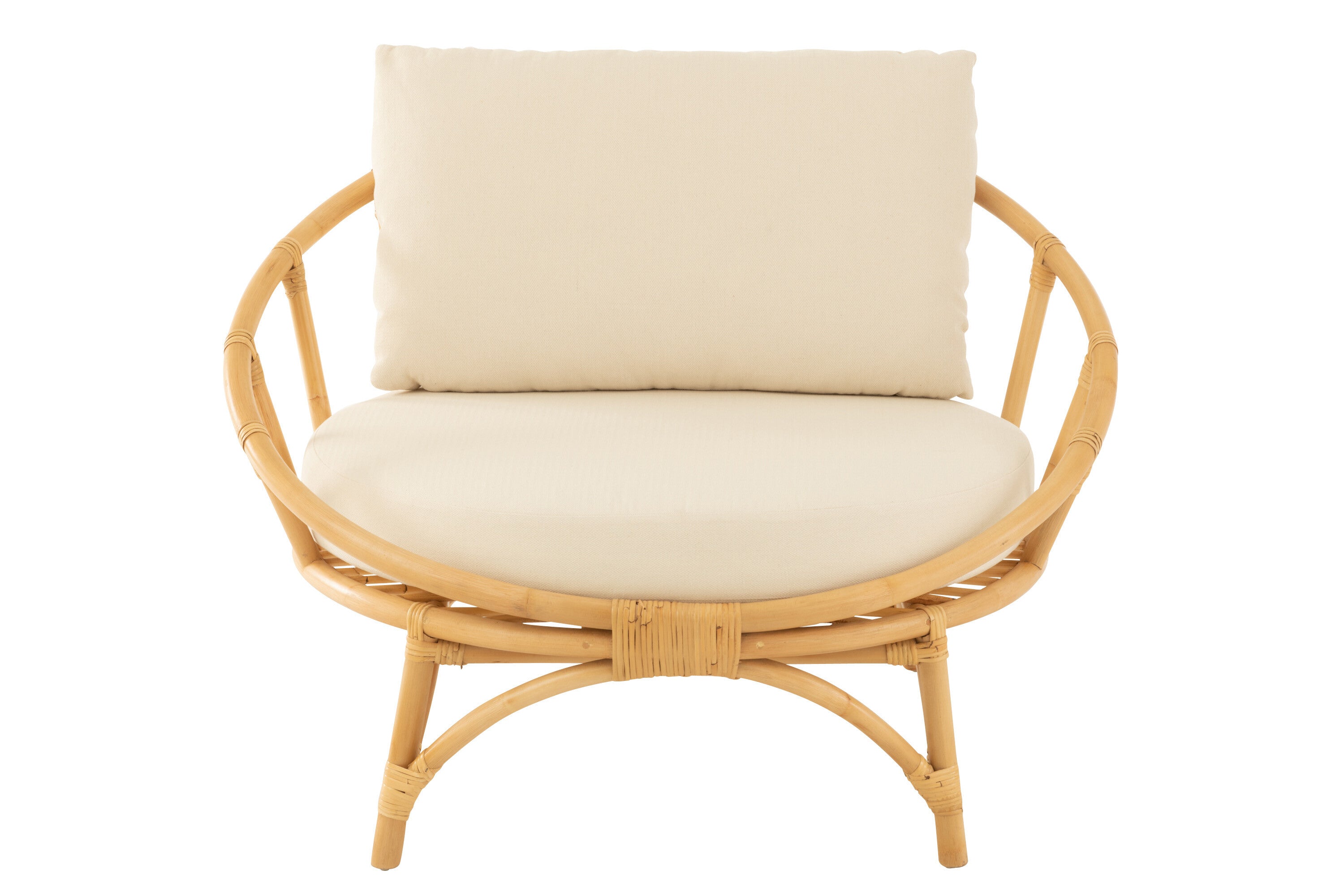 Ronde Loungestoel + Kussen Rotan/Textiel Naturel/Wit J-Line - Loungestoel - J-Line - livinglovely.nl