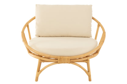 Ronde Loungestoel + Kussen Rotan/Textiel Naturel/Wit J-Line - Loungestoel - J-Line - livinglovely.nl