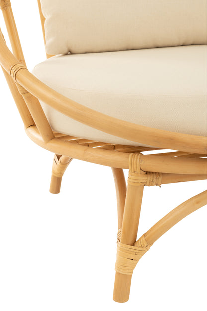 Ronde Loungestoel + Kussen Rotan/Textiel Naturel/Wit J-Line - Loungestoel - J-Line - livinglovely.nl