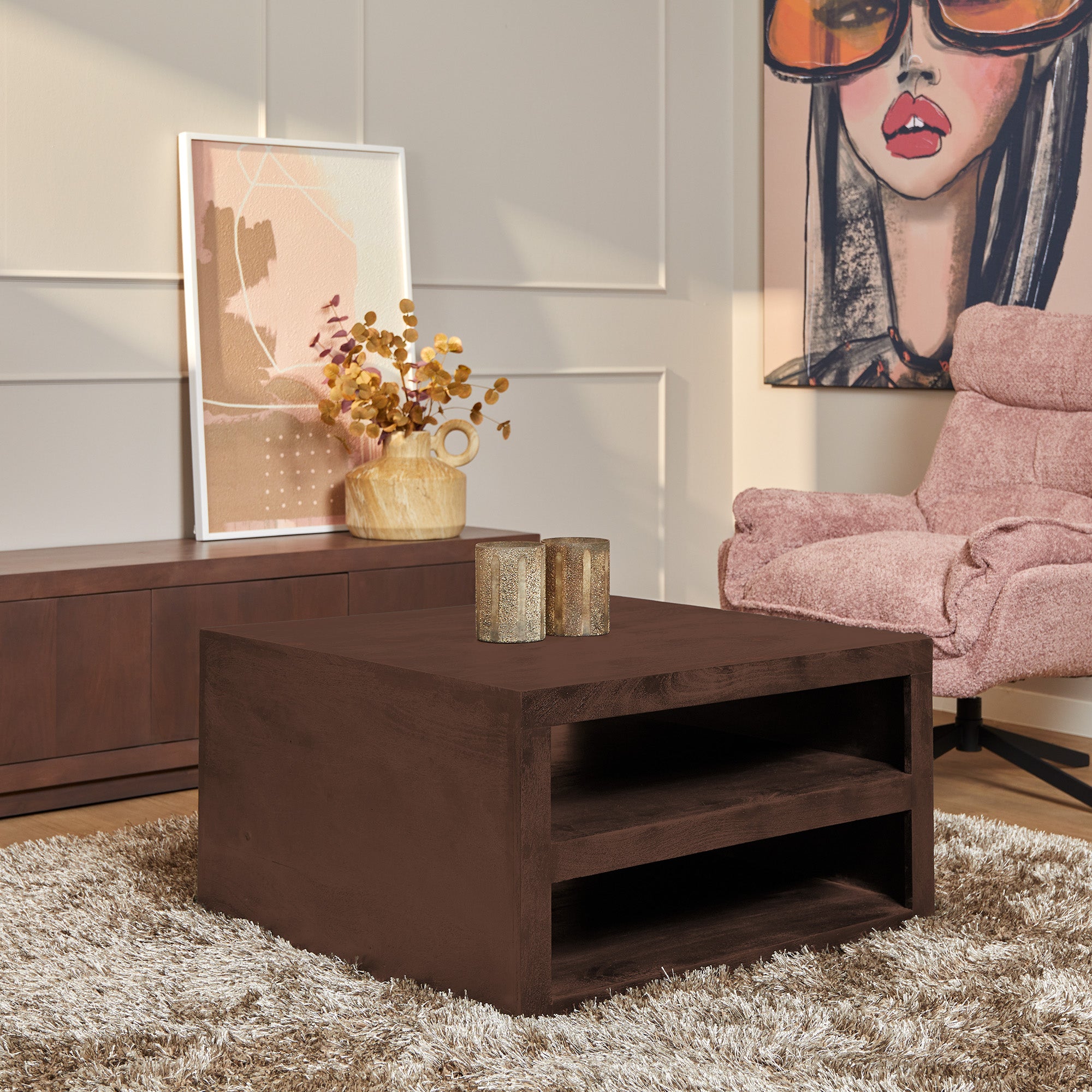 Salontafel Brussel Mangohout Walnoot 80cm van Starfurn met vierkant blad