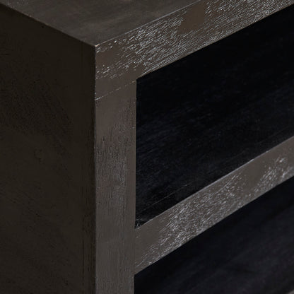 Close-up van de houtnerf in het zwarte mangohout van de Salontafel Brussel van Starfurn