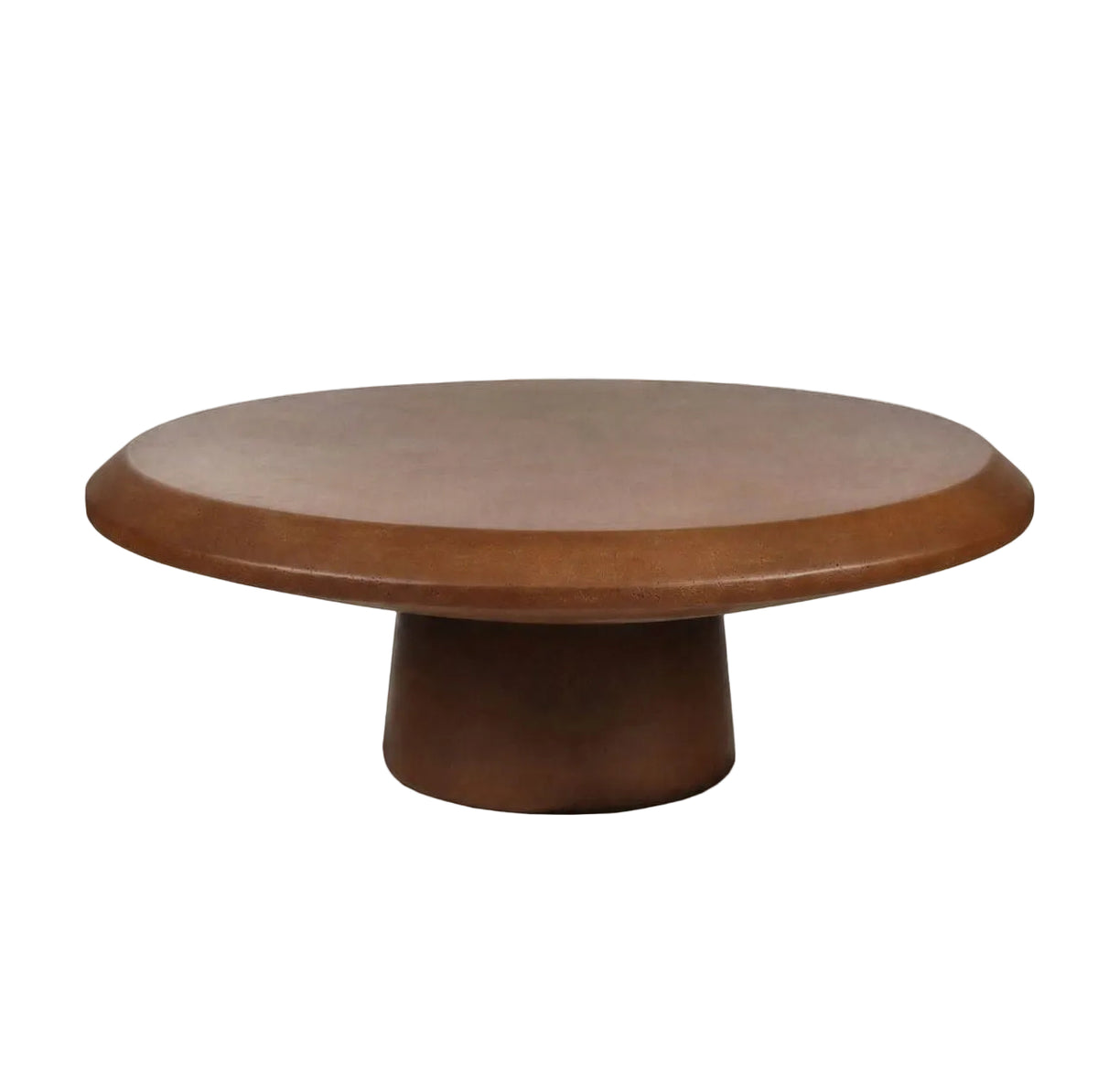 Salontafel Carva Rond Vezelcement Baksteenrood van Pomax, productfoto in baksteenrood met de volledige vorm in beeld