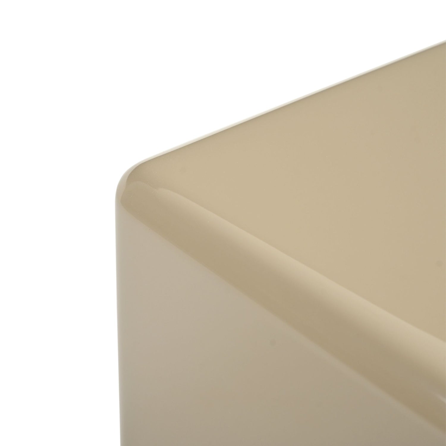 Close-up van de afgeronde hoek en de beige laklaag van de Salontafel Elias van Starfurn