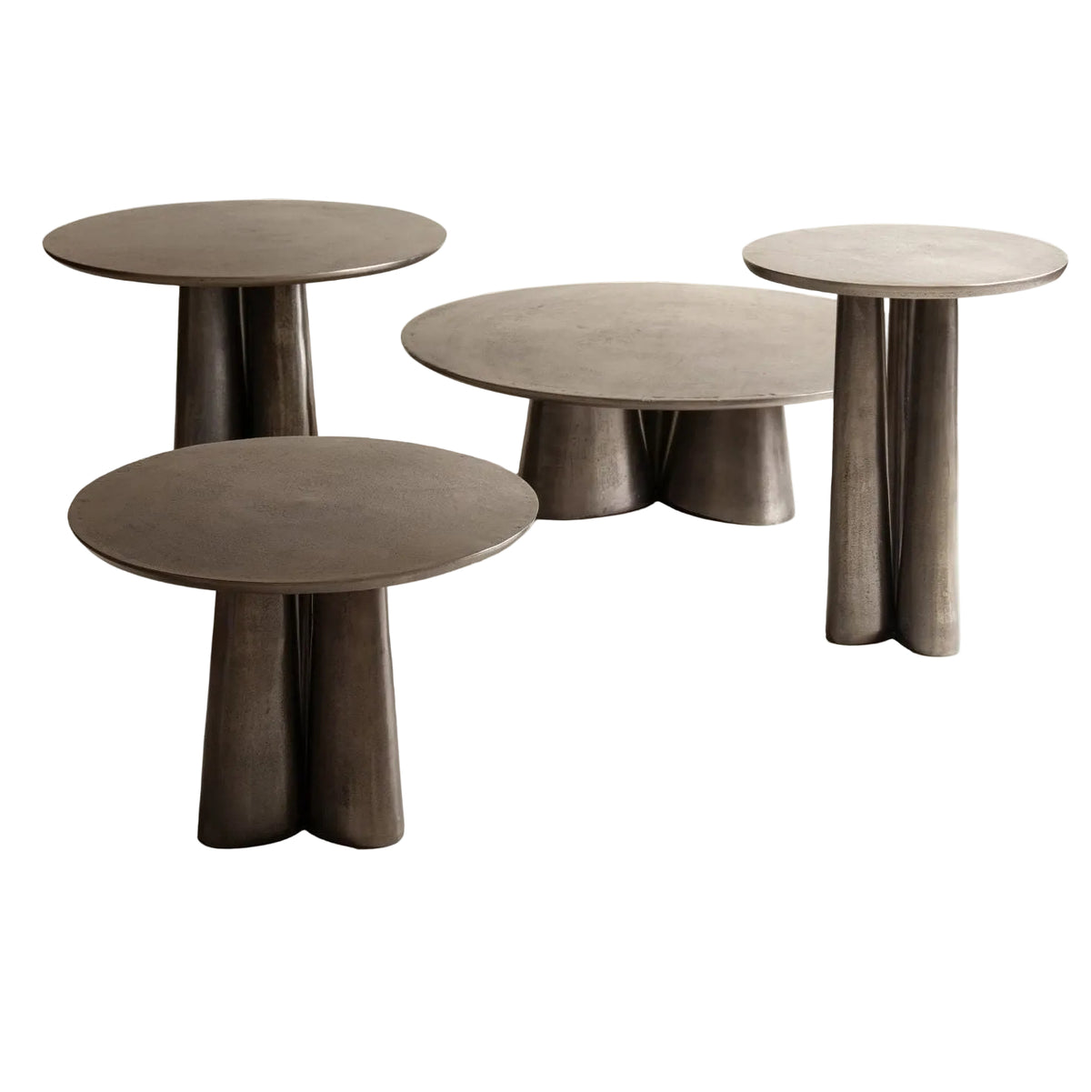 Salontafel Fluxa Aluminium Houtskool van Pomax, groepsopname van de Fluxa collectie in houtskool tegen een lichte achtergrond