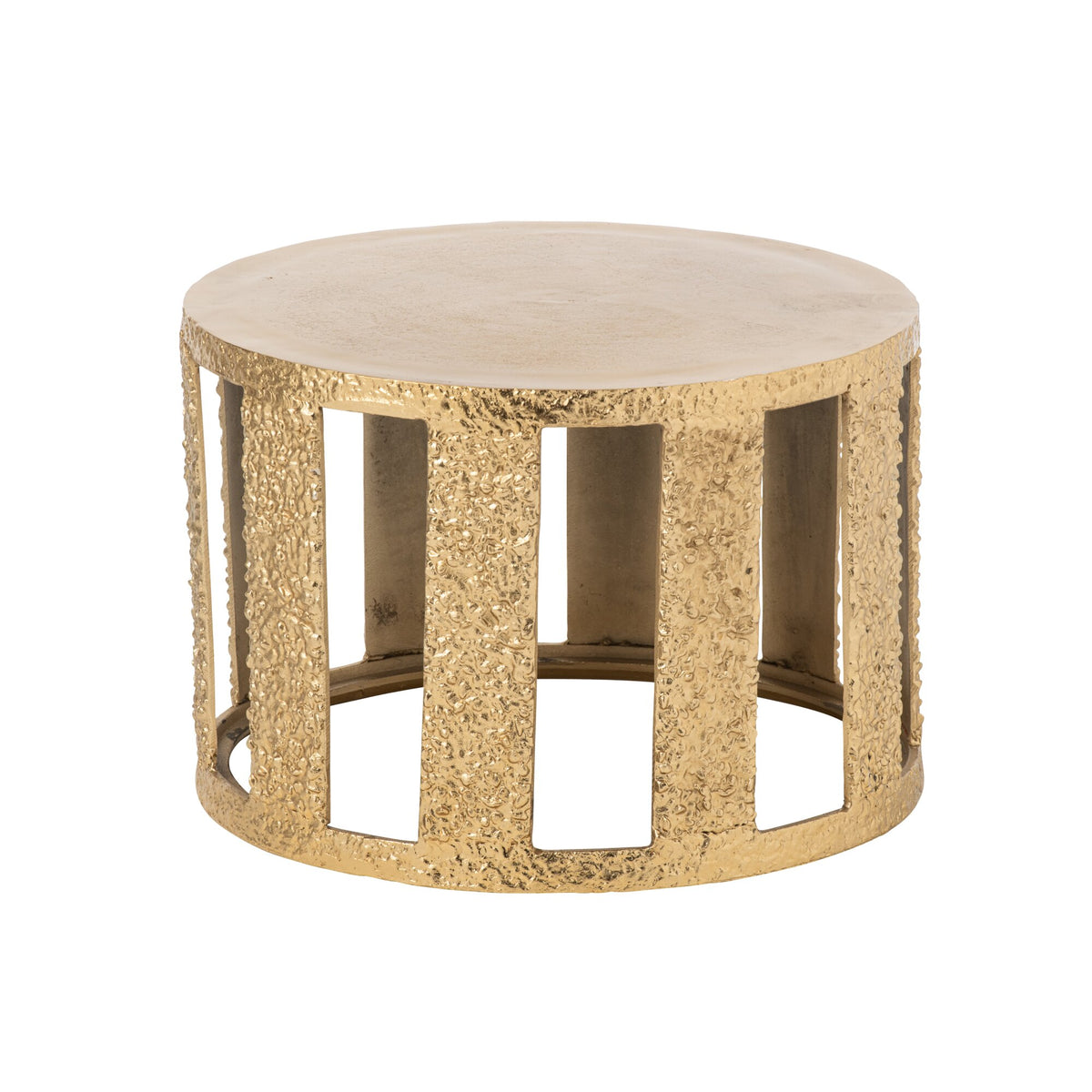 Salontafel Gestreept Aluminium Goud van J-Line, ronde lage salontafel van goudkleurig gestreept aluminium, vooraanzicht