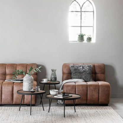 Ronde salontafel Saturnus naturel teakhout op drie poten