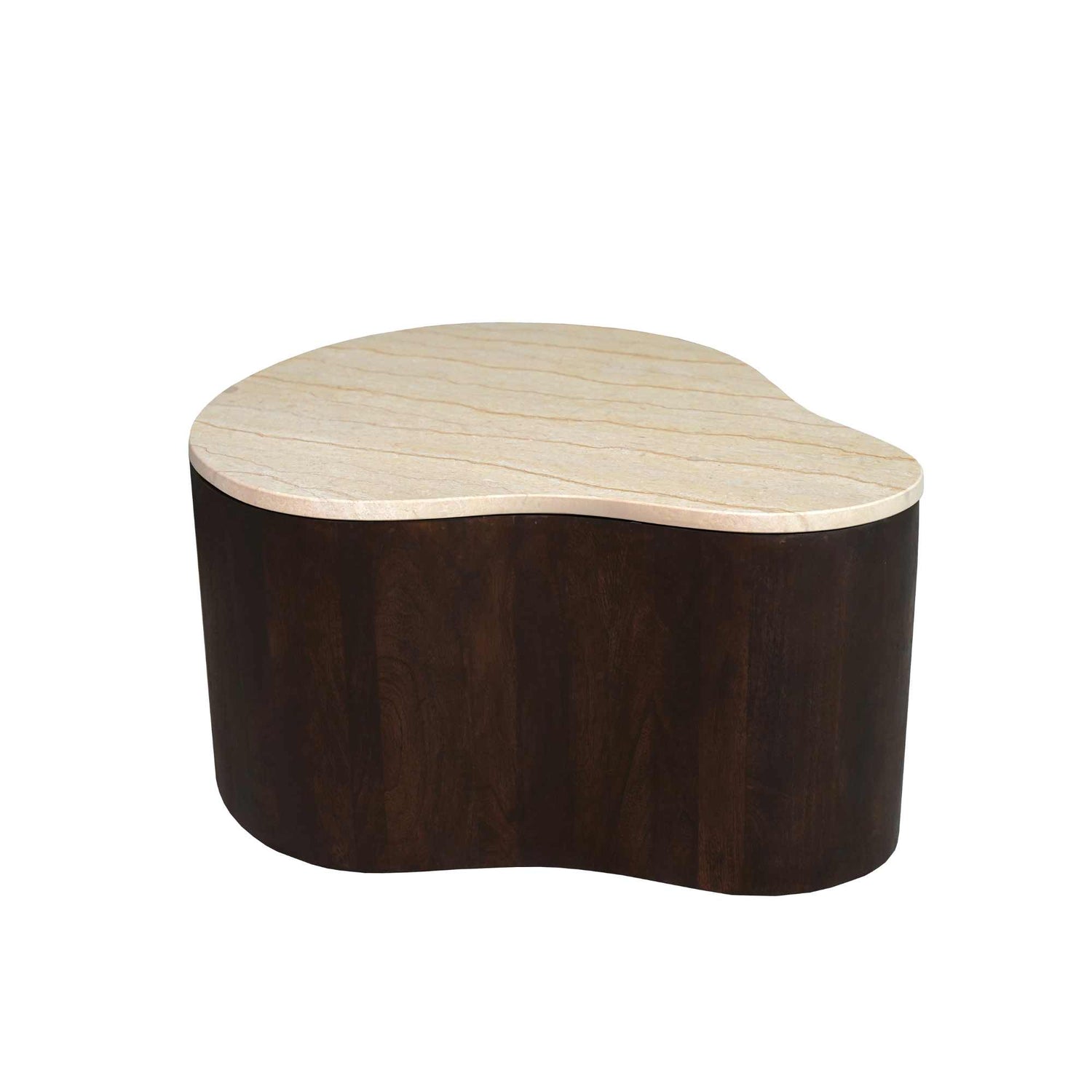 Salontafel Lovi 77cm van Starfurn schuin van boven met de nerf in het donkerbruine mangohout