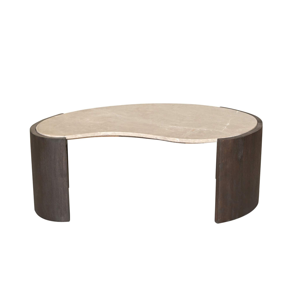 Salontafel Lume Marmer 94cm van Starfurn schuin van opzij, organische vorm zichtbaar