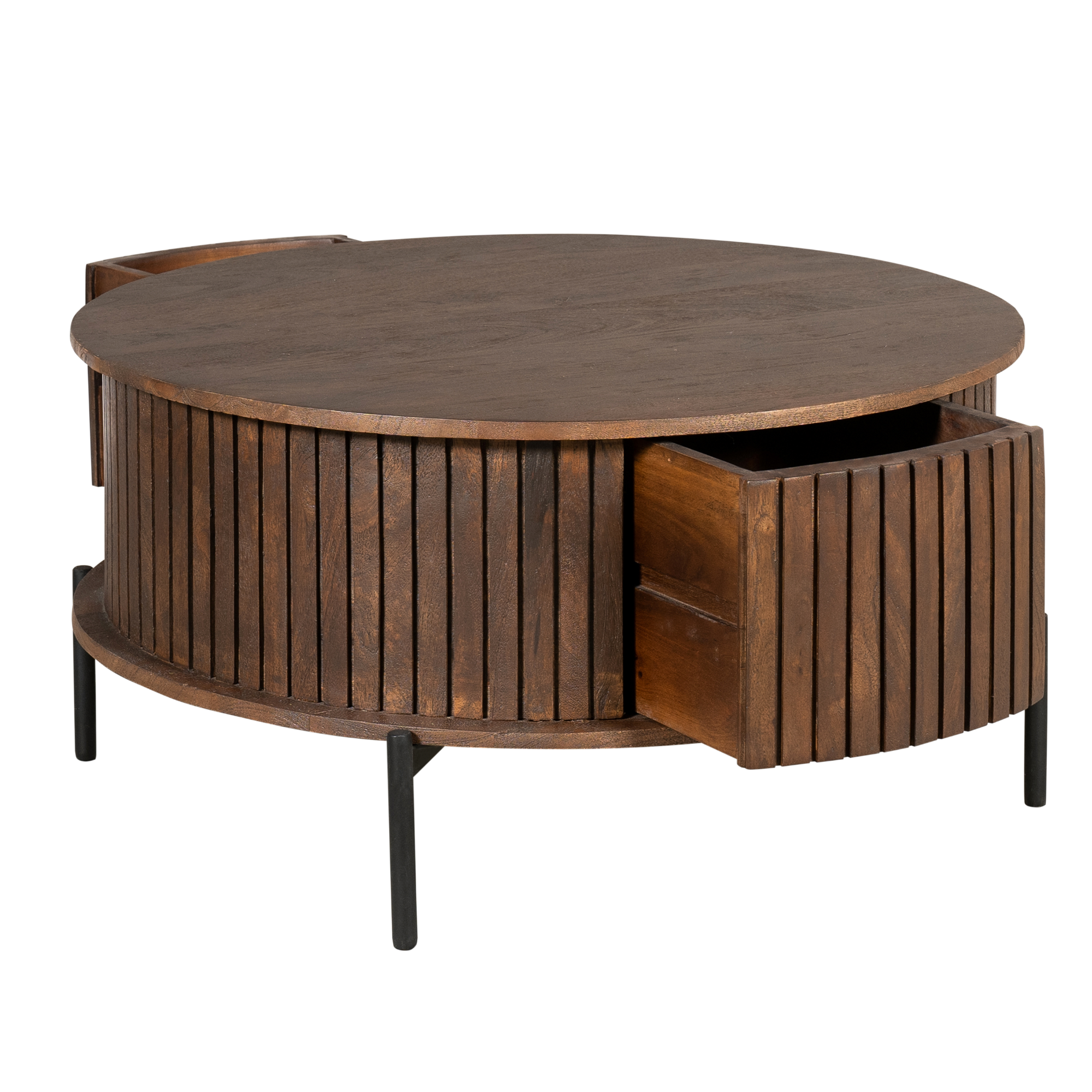 Vooraanzicht van de ronde Madison salontafel met verticaal lattenpatroon
