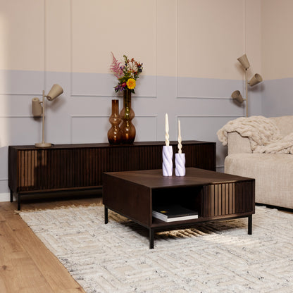 Salontafel Madison Vierkant 80cm van Starfurn in bruin mangohout met twee lades en bronzen poten