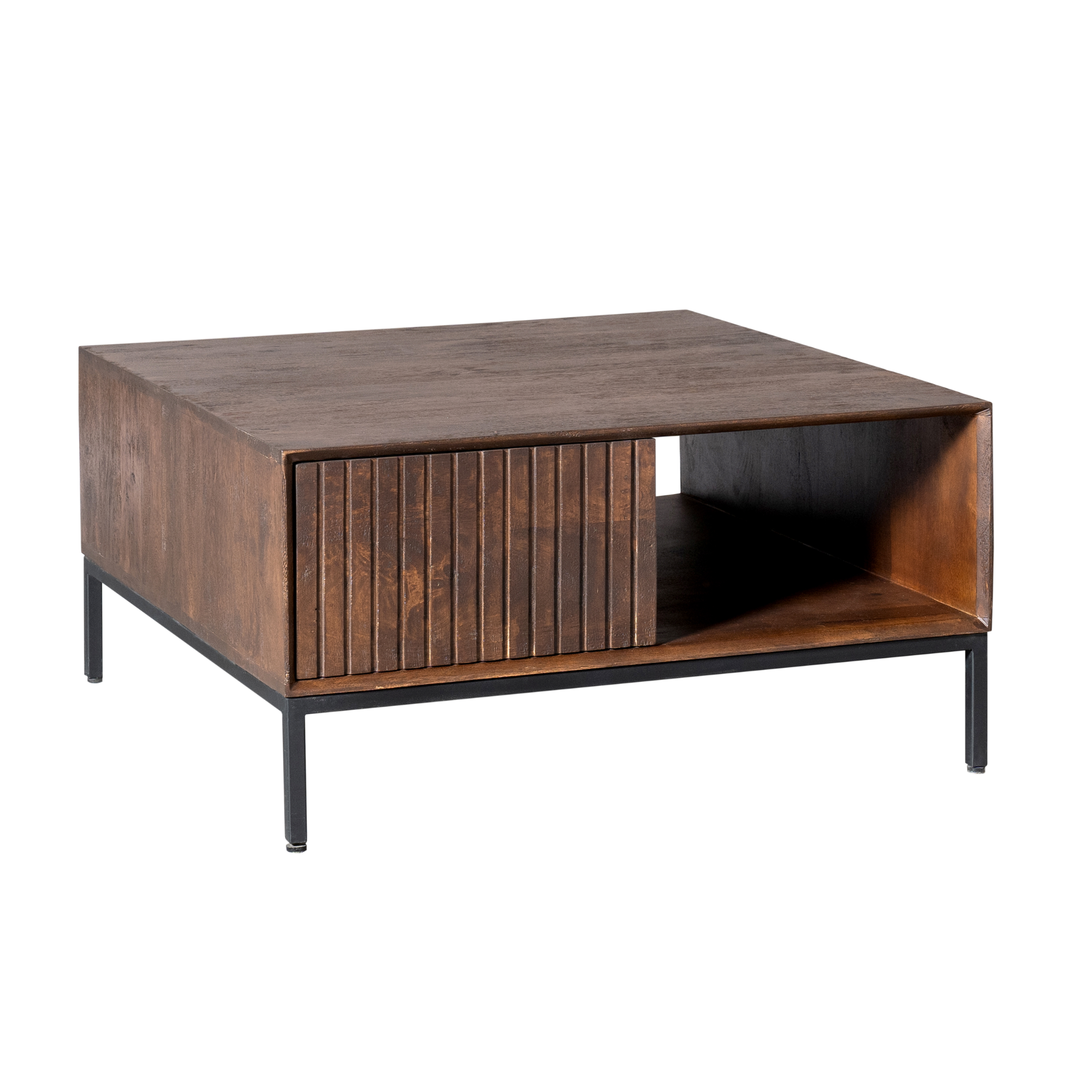 Salontafel Madison Vierkant 80cm van Starfurn met detail van het verticale lattenpatroon op de lades
