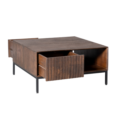 Salontafel Madison Vierkant 80cm van Starfurn met een geopende lade en zicht op de opbergruimte