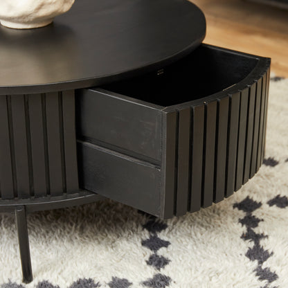 Salontafel Madison rond met twee lades en metalen poten in zwarte lak