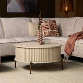 Salontafel Madison van Starfurn, rond en 80 cm in doorsnede, in zand mangohout met bronskleurig frame