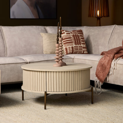Salontafel Madison van Starfurn, rond en 80 cm in doorsnede, in zand mangohout met bronskleurig frame