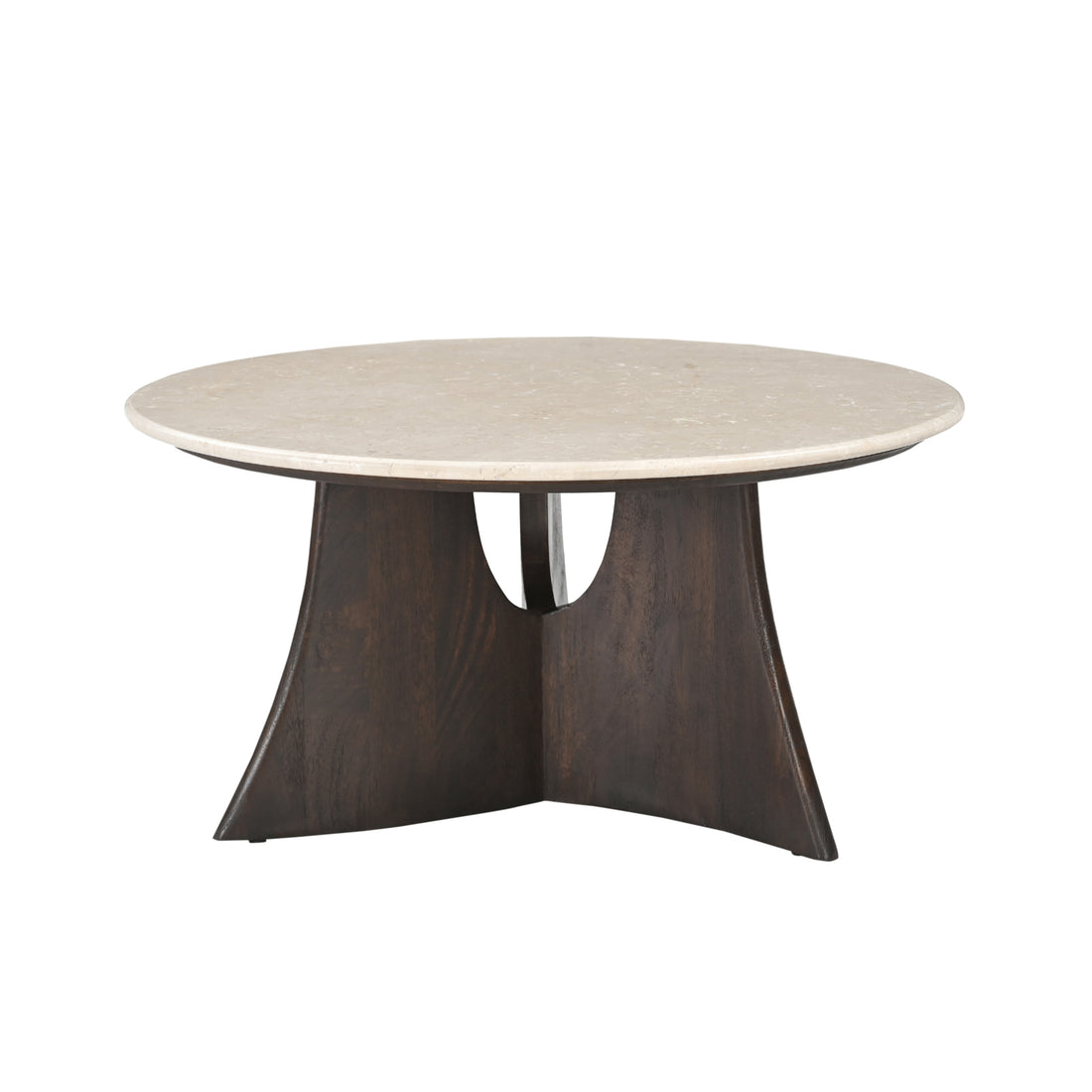 Salontafel Milo van Starfurn met rond blad van Botticino marmer op een houten onderstel