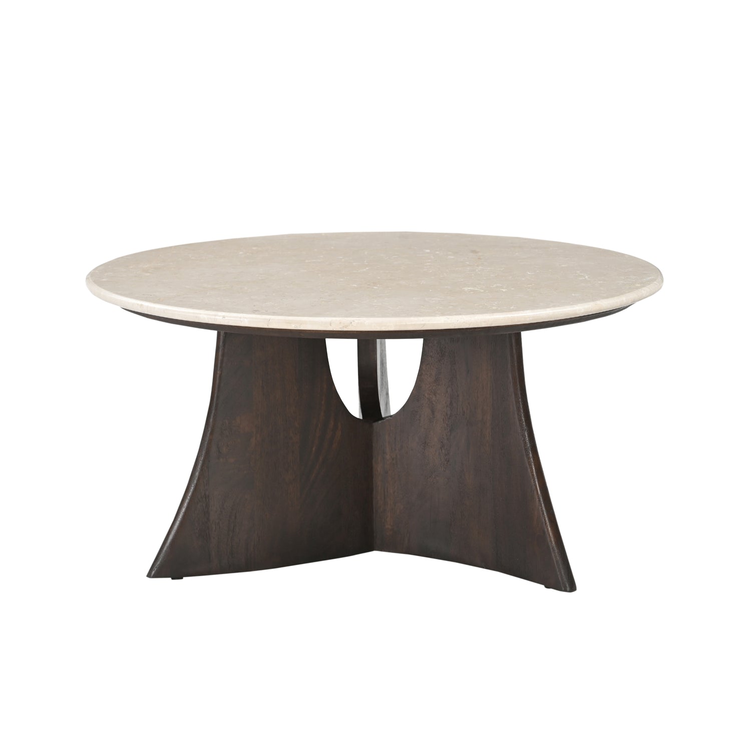Salontafel Milo van Starfurn met rond blad van Botticino marmer op een houten onderstel