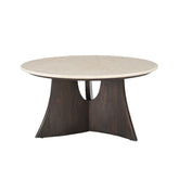 Salontafel Milo van Starfurn met rond blad van Botticino marmer op een houten onderstel