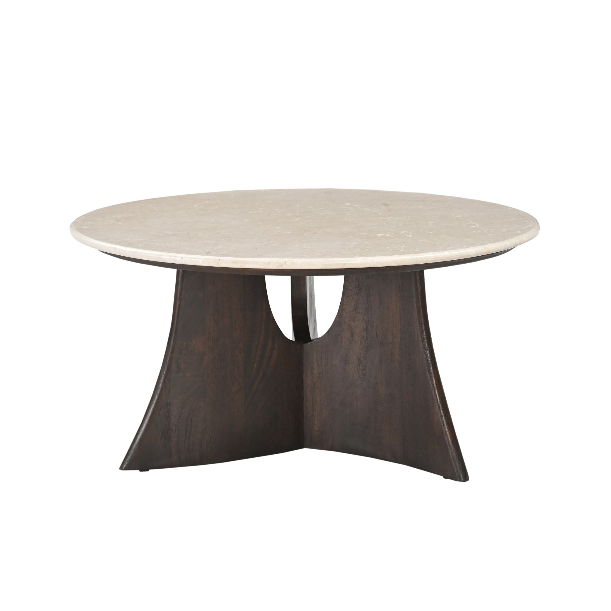 Salontafel Milo van Starfurn met rond blad van Botticino marmer op een houten onderstel