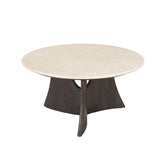 Salontafel Milo Botticino Marmer 80cm van Starfurn met zicht op het slanke houten onderstel