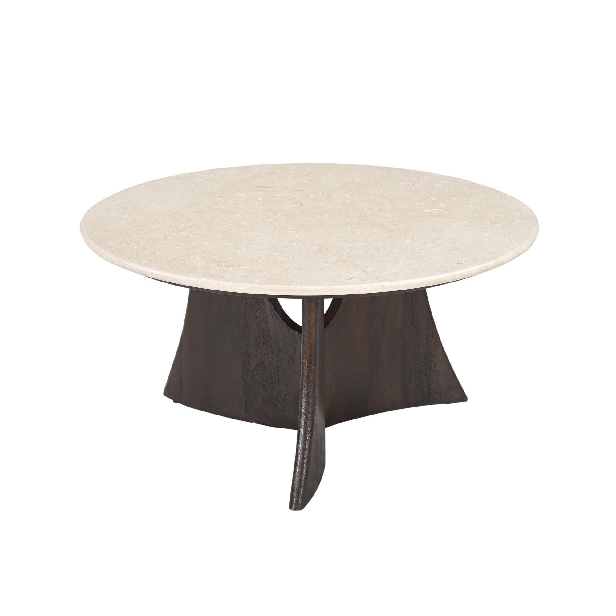Salontafel Milo Botticino Marmer 80cm van Starfurn met zicht op het slanke houten onderstel