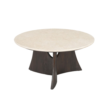Salontafel Milo Botticino Marmer 80cm van Starfurn met zicht op het slanke houten onderstel