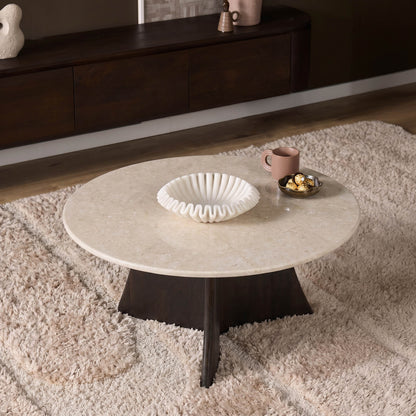 Salontafel Milo Botticino Marmer 80cm van Starfurn recht van opzij met de hoogte in beeld