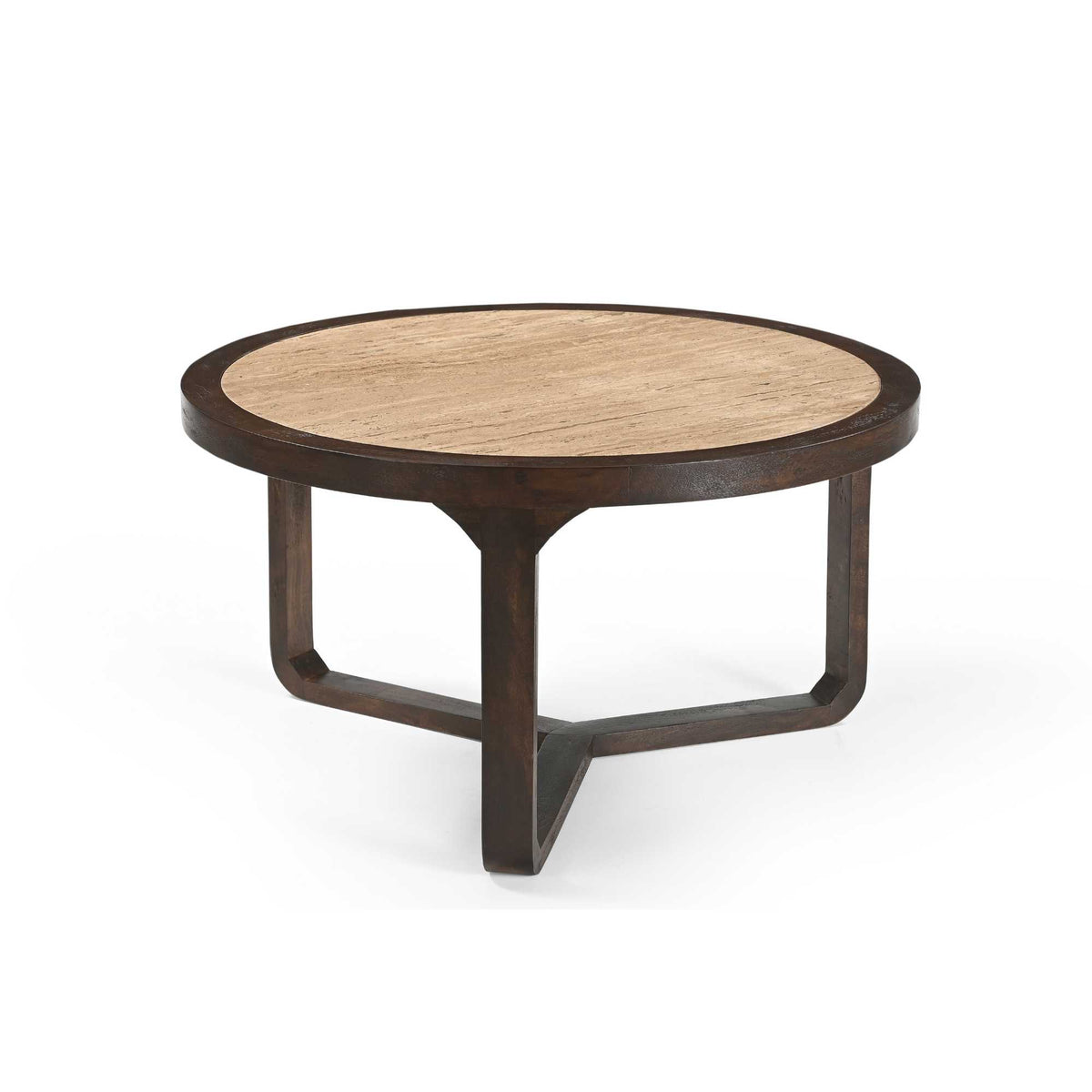 Salontafel Morris Travertin Ø75cm van Starfurn schuin van opzij met drie gebogen poten