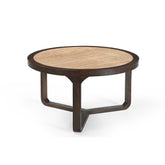 Salontafel Morris Travertin Ø75cm van Starfurn schuin van opzij met drie gebogen poten